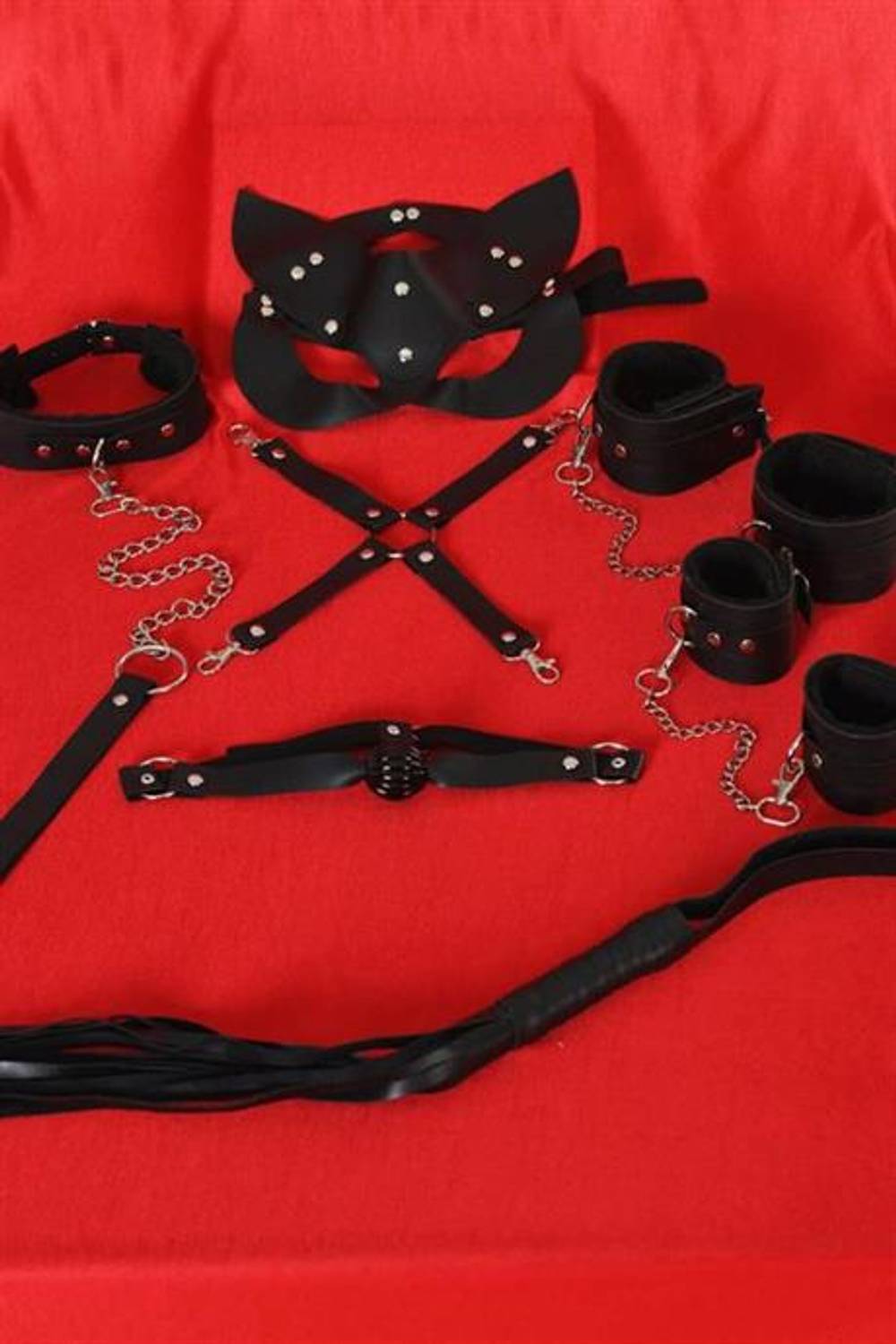 Markano Siyah İçi Tüylü Maske,Kol,Bacak,Ağız Topu,Kırbaç,Tasma Set 