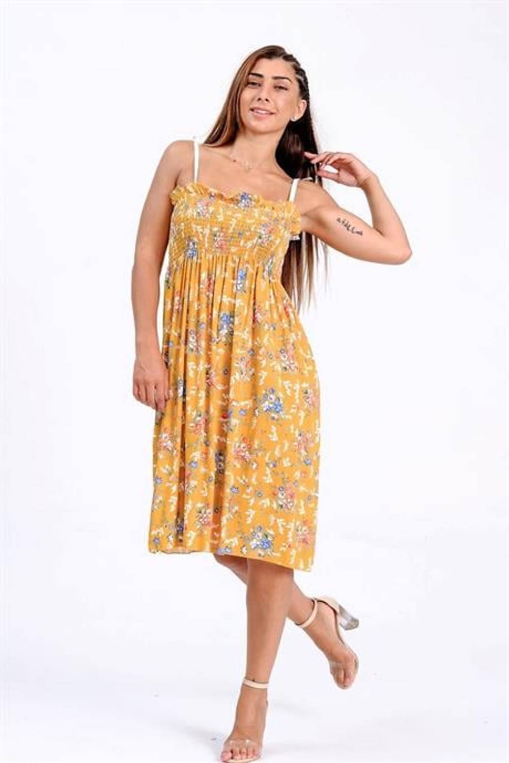 Markano Mustard Floral Patterned Rope Strap Gimped Woven Dress