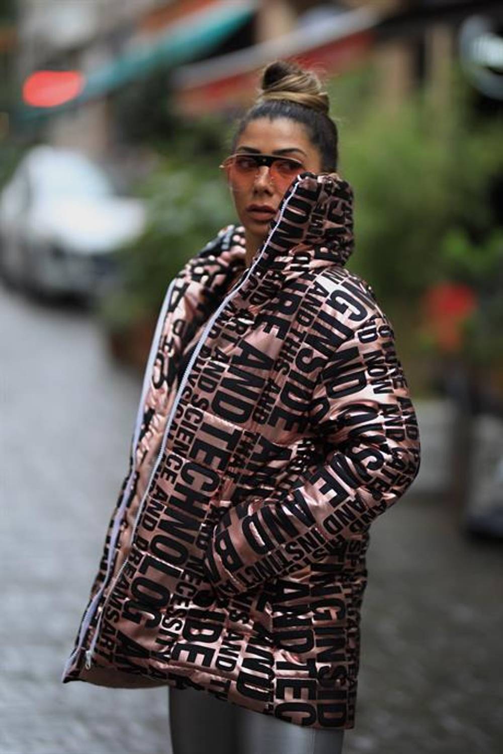 Markano Rose Color Stand Collar Long Shiny Puffer Coat