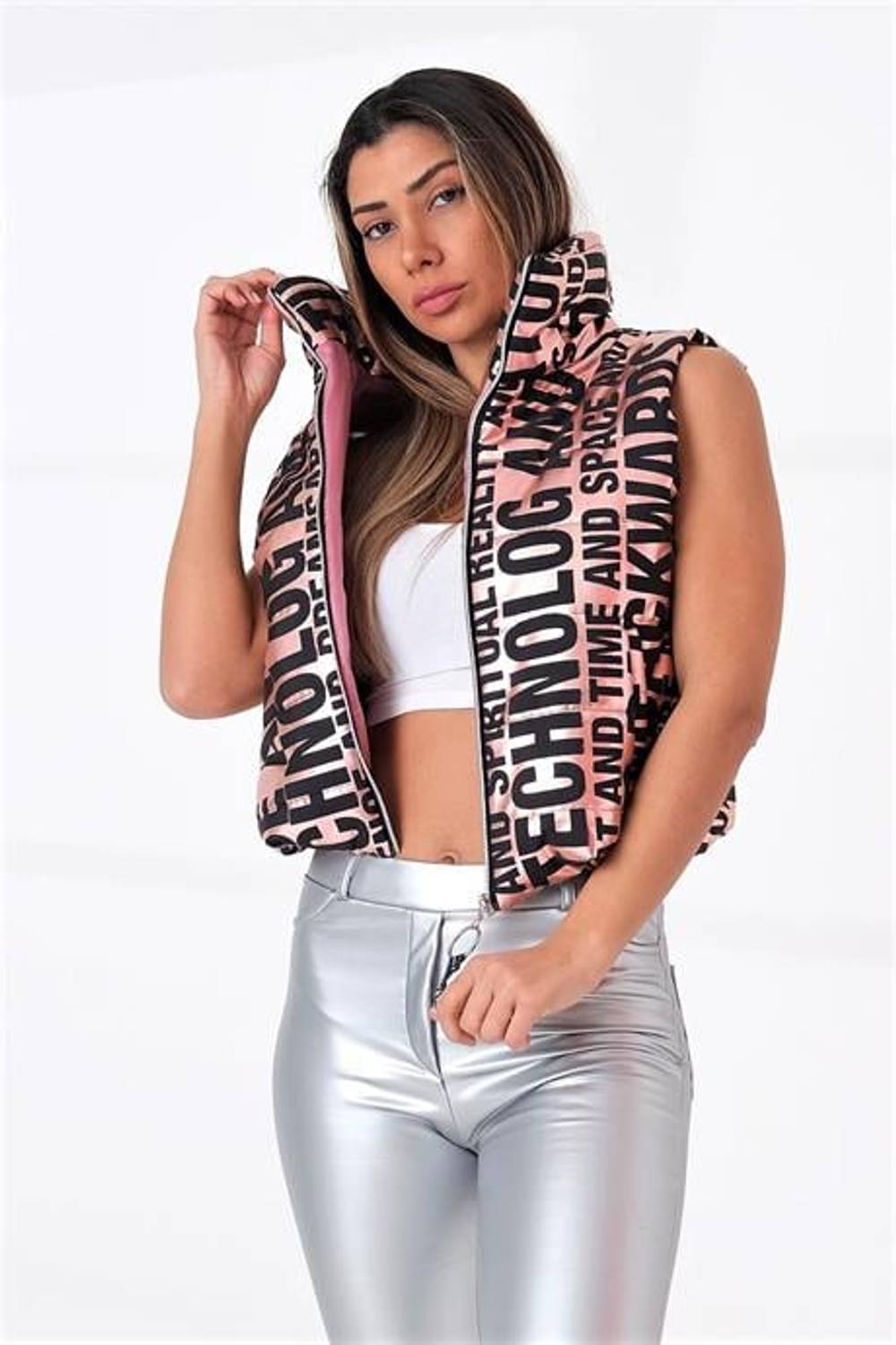 Markano Rose Parlak Yazılı Dik Yaka Beli Lastikli Kısa Şişme Yelek