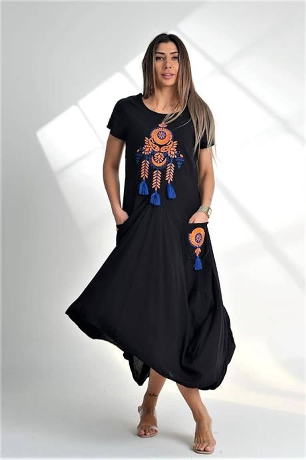 Markano Black Crew Neck Ottoman Embroidered Asymmetrical Long Dress with Tassels and Pockets