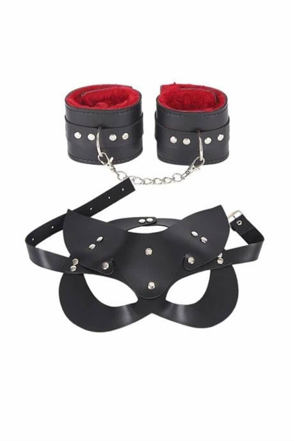 Markano Mask and Handcuffs Red Leather Set with Tube Inside