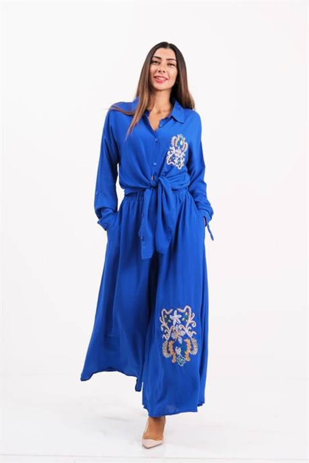 Markano Saks Blue Front and Back Embroidered Shirt and Trousers Set with Epaulettes on the Sleeves