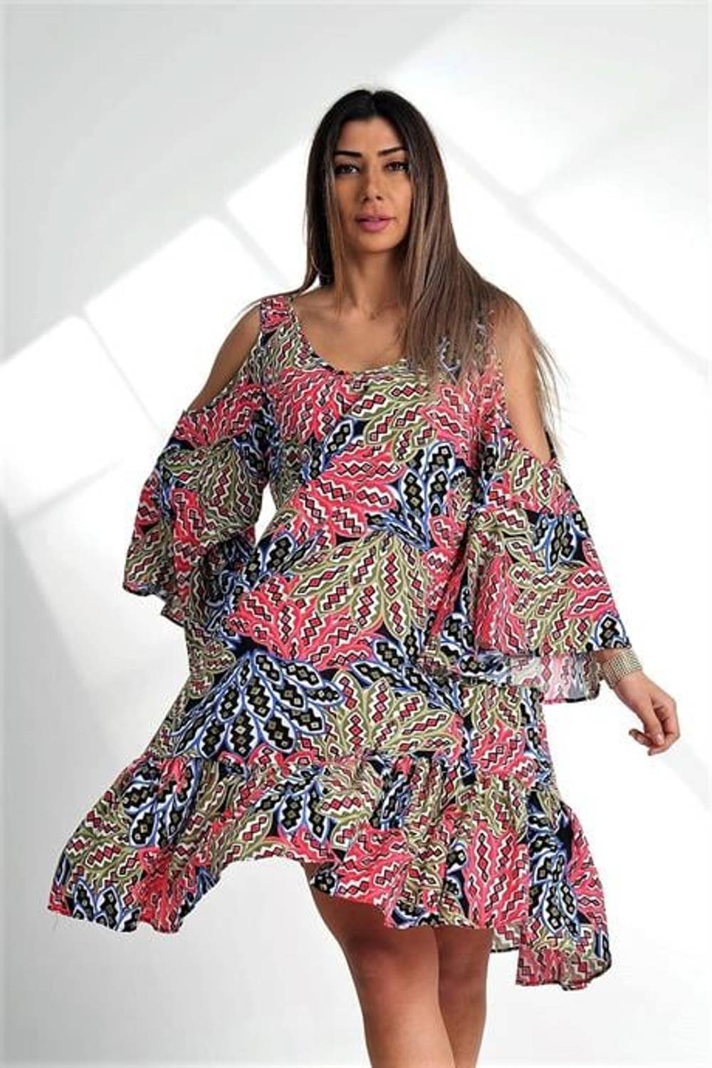 Markano Pink Shoulder Window Palm Tree Pattern Sleeves Flounce Oversize Dress
