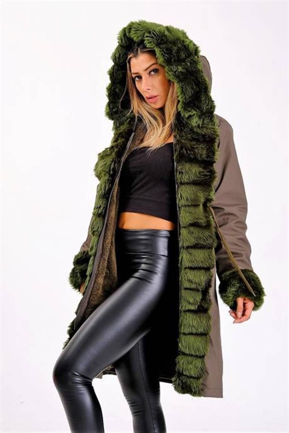 Markano Green Waterproof Hooded Long Coat with Fur Inside
