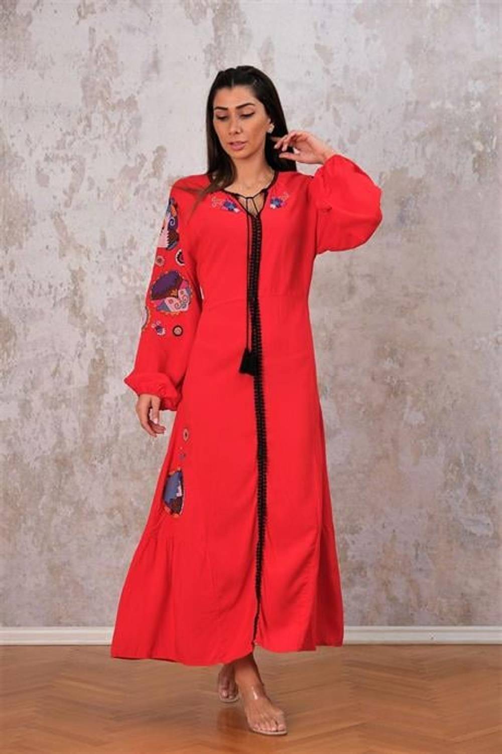 Markano Red Halter Neck Long Dress with Embroidered Front Sleeves and Skirt and Belt