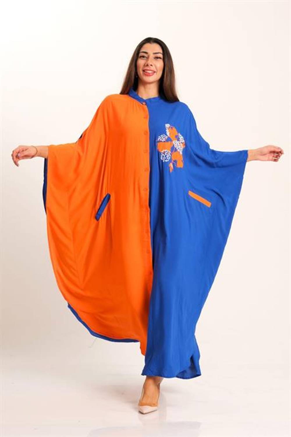 Markano Turuncu Mavi Garnili Göğsü ve Sırtı Nakışlı Cepli Oversize Uzun Elbise