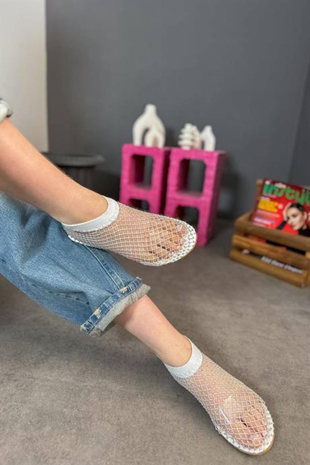 Markano White Mesh Detail Women's Flat Shoes with Stone Accents