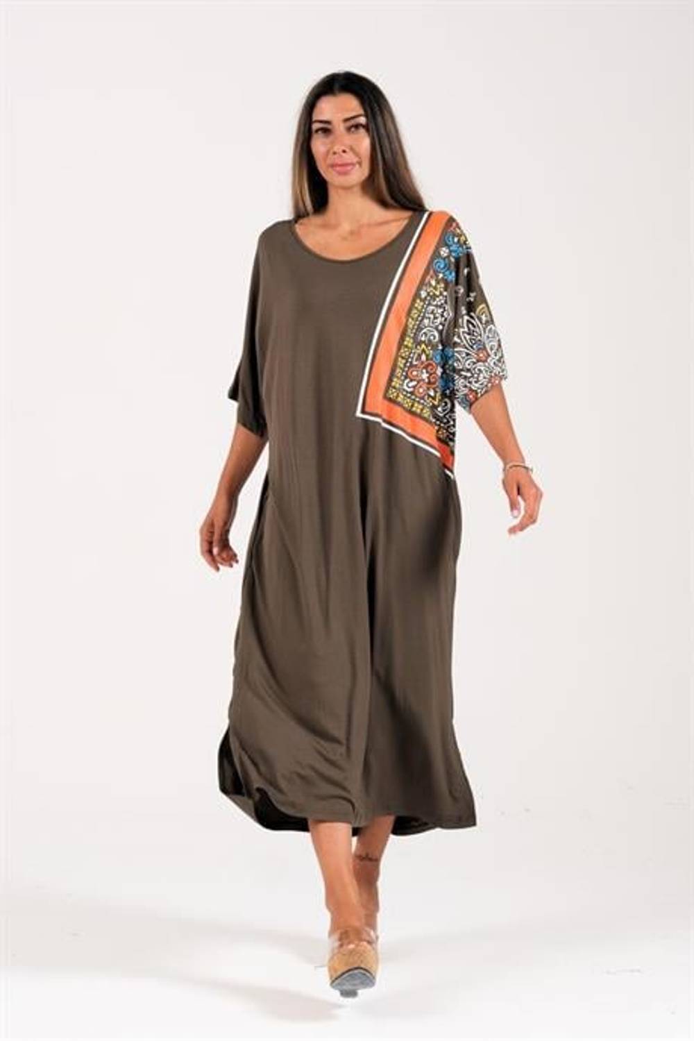 Markano Haki Kayık Yaka Omuzu Şal Desenli Cepli Uzun Elbise