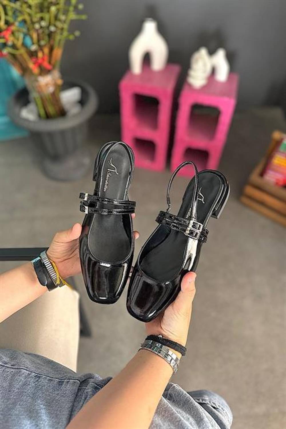 Markano Paxon Black Patent Leather Women's Double Buckle Ballet Flats