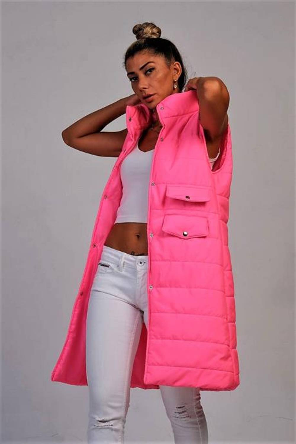 Markano Fuşya Dik Yaka Cep Detaylı Uzun Şişme Yelek
