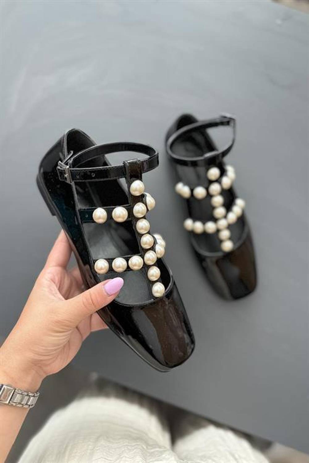 Markano Black Patent Leather Women's Flats with Pearl Details