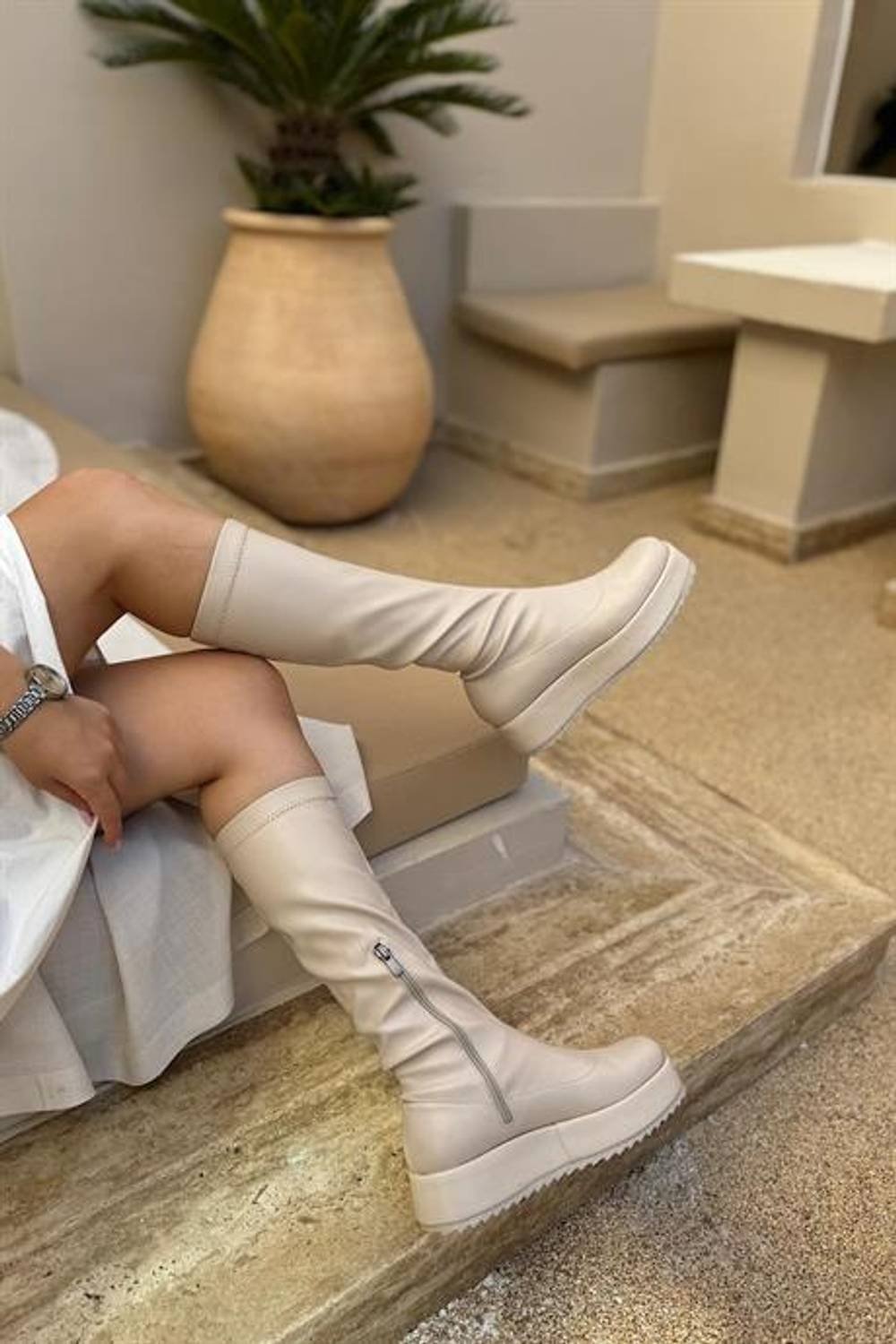 Markano Dunca Bej Streç Fermuar Detaylı Kadın Çizme