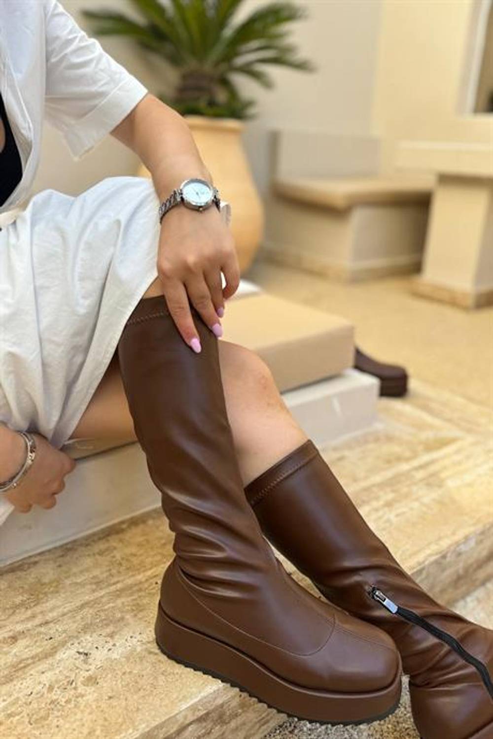 Markano Dunca Acı Kahve Streç Fermuar Detaylı Kadın Çizme