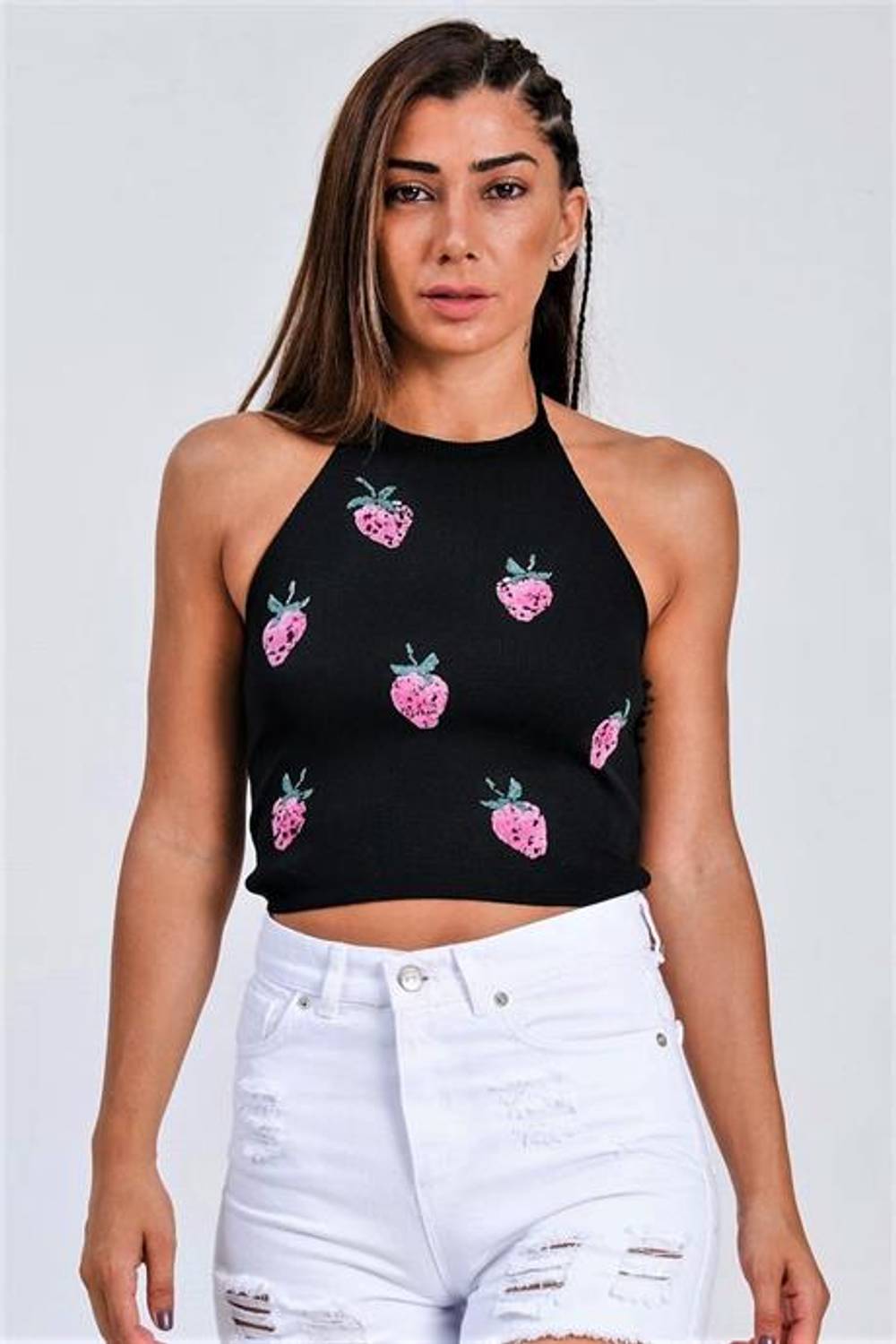 بلوزة قصير مزخرفة سوداء برباط عنق من ماركانو، مصنوعة من القطن والإيلاستين