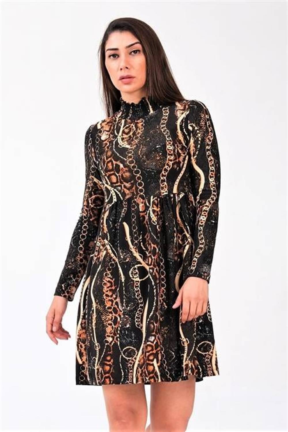 Markano Kahverengi Zincir Desen Yarım Balıkçı Uzun Kollu Robadan Elbise