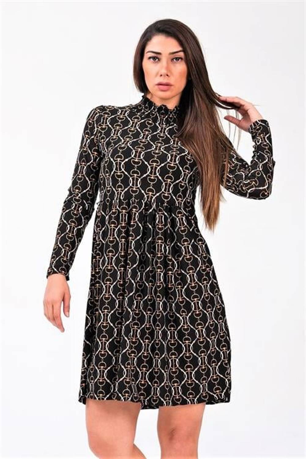 Робе з коротким коміром і довгими рукавами в чорному кольорі з візерунком ланцюга, модель S/36, довжина 85 см, склад: 95% поліестер, 5% еластан