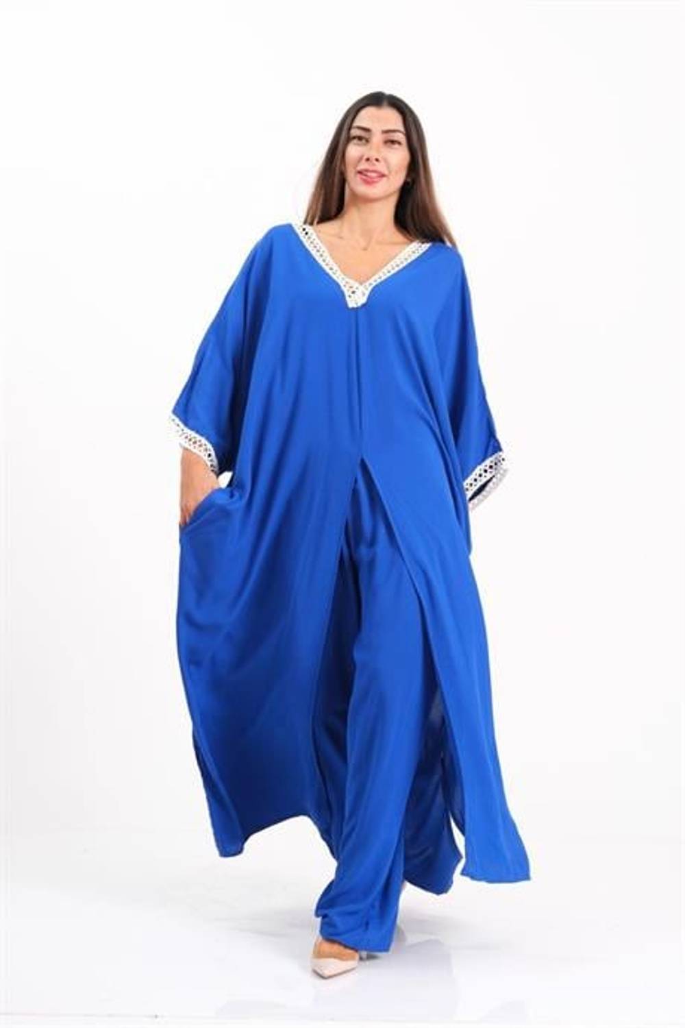 Markano Saks Mavi V Yaka Dantel Detaylı Önden Yırtmaçlı Cepli Tunik Pantolon İkili Takım