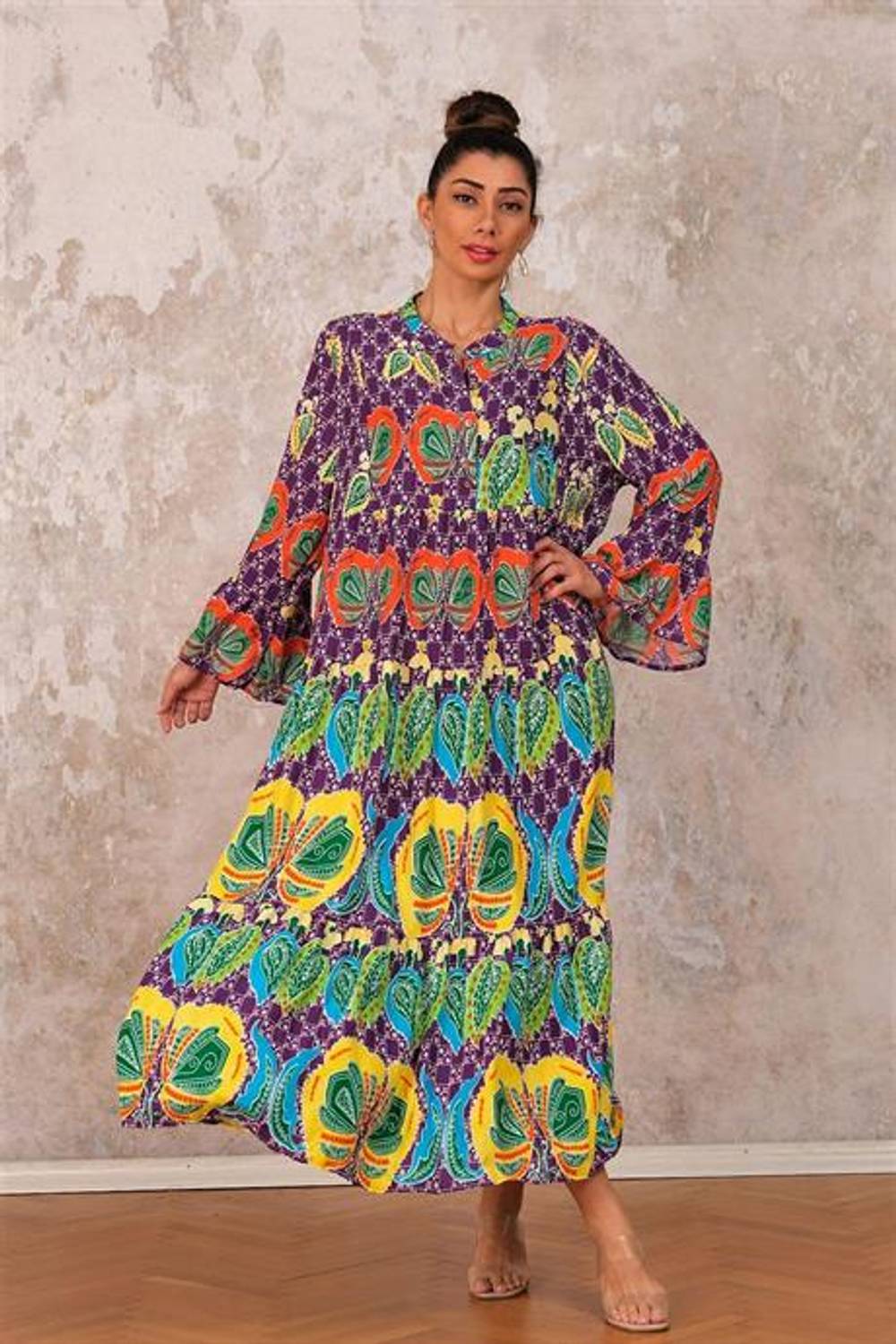 Markano Mor Volanlı Kol Önden Düğmeli Eteği Kat Kat Tropikal Desenli Uzun Elbise