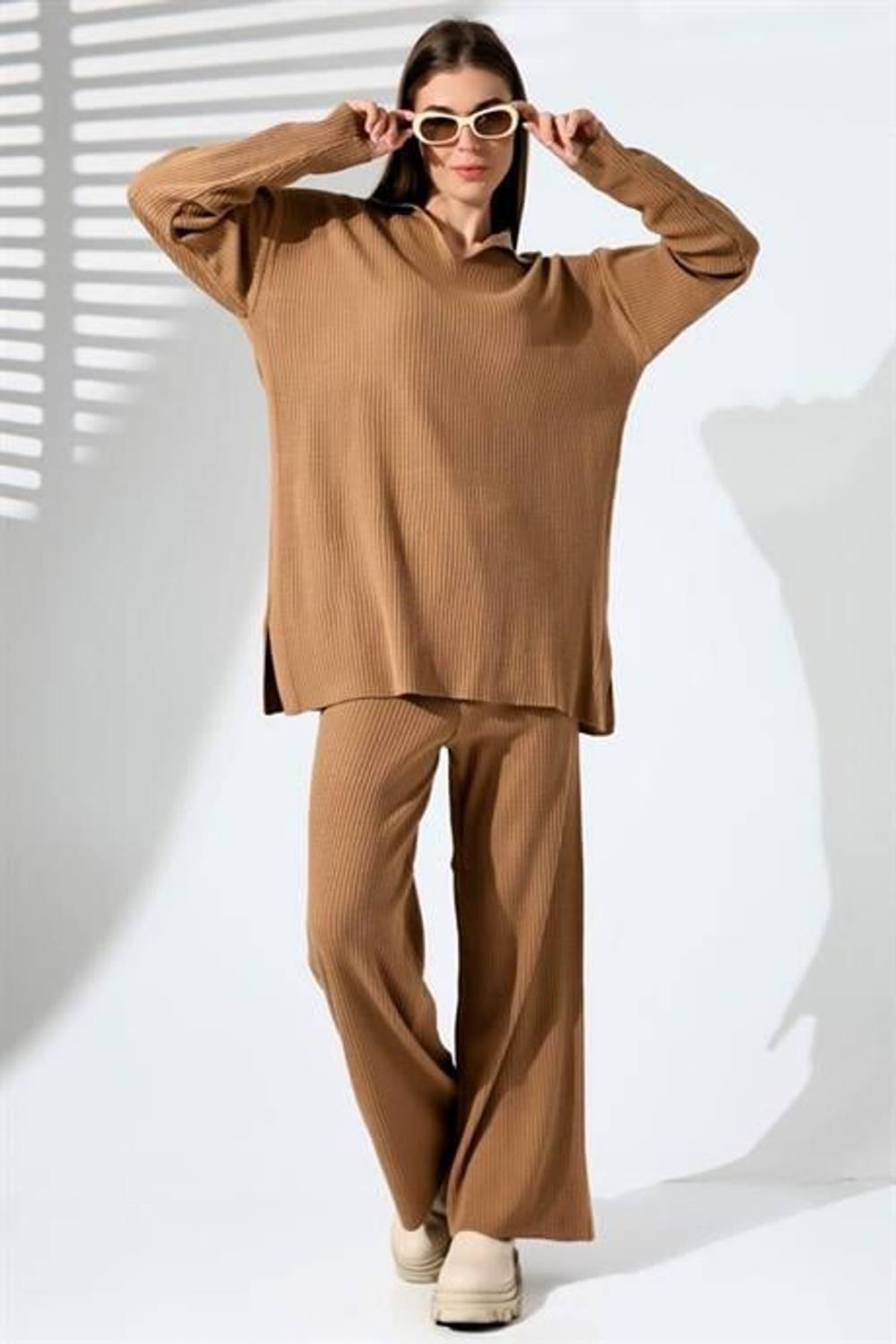 Markano Kahverengi V Yaka Fitilli Tunik Pantolon Triko Alt Üst Takım