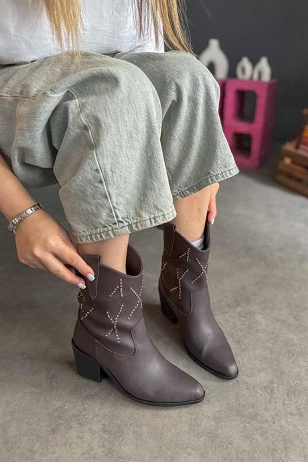 Markano Berceste Acı Kahve Taş Desen Detaylı Kadın Bot