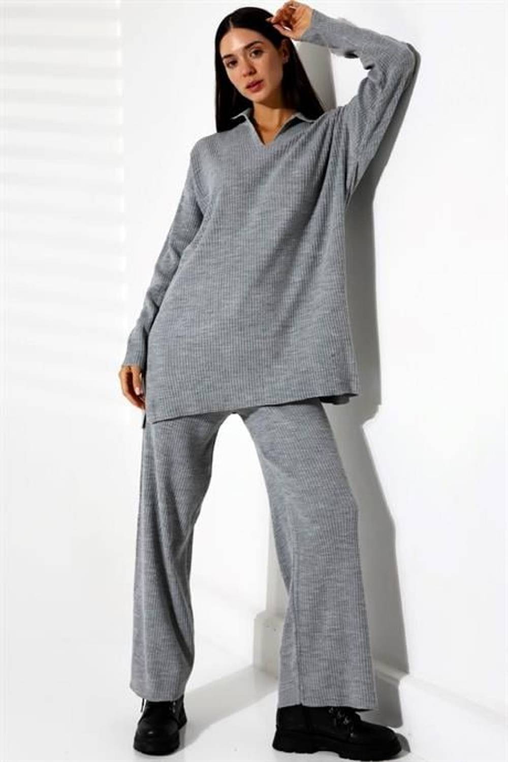 Markano Gri V Yaka Fitilli Tunik Pantolon Triko Alt Üst Takım
