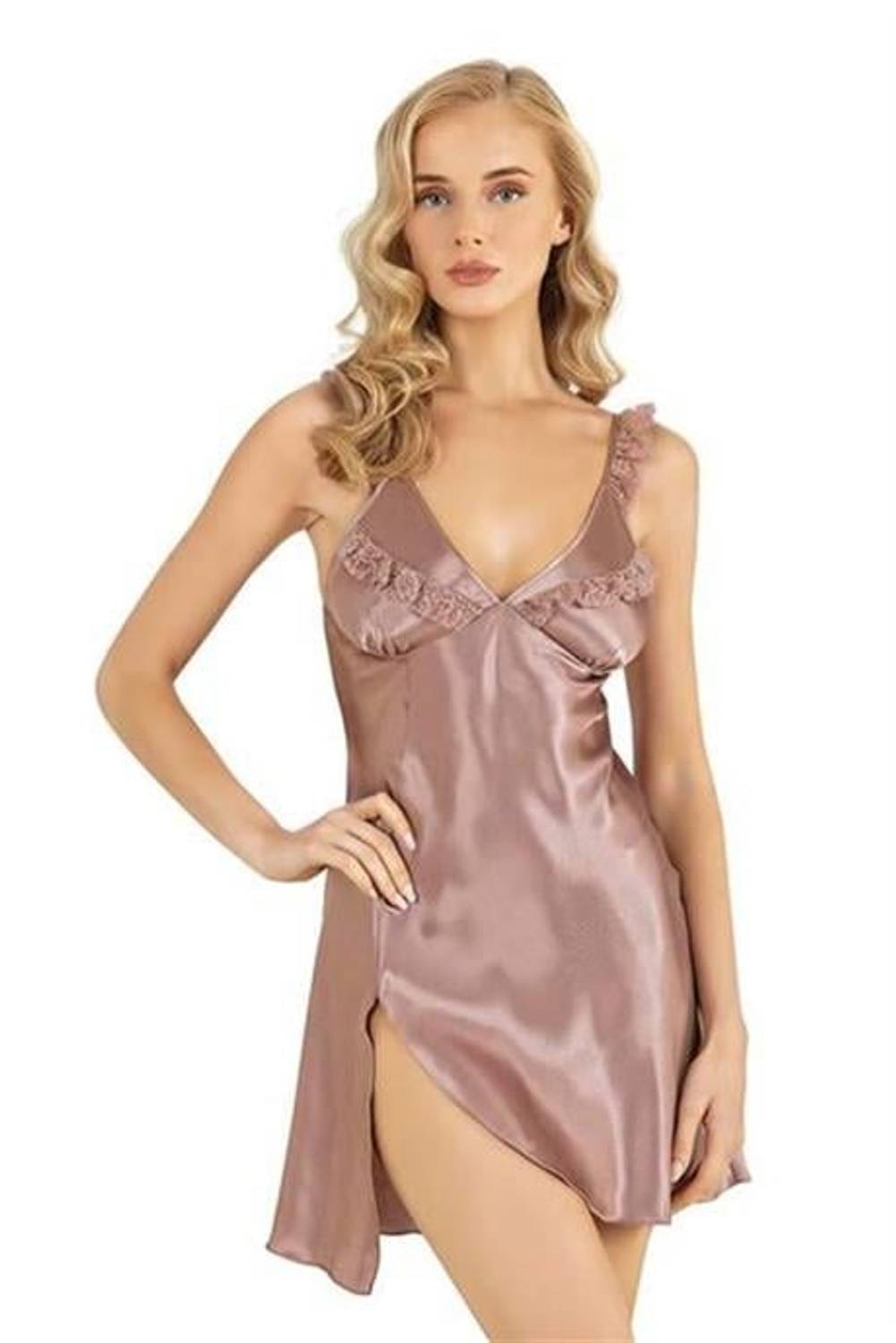 Коротка сатинова нічна сорочка Markano в відтінку Візон, безпечна для здоров'я, 100% поліестер, в комплекті 2 частини