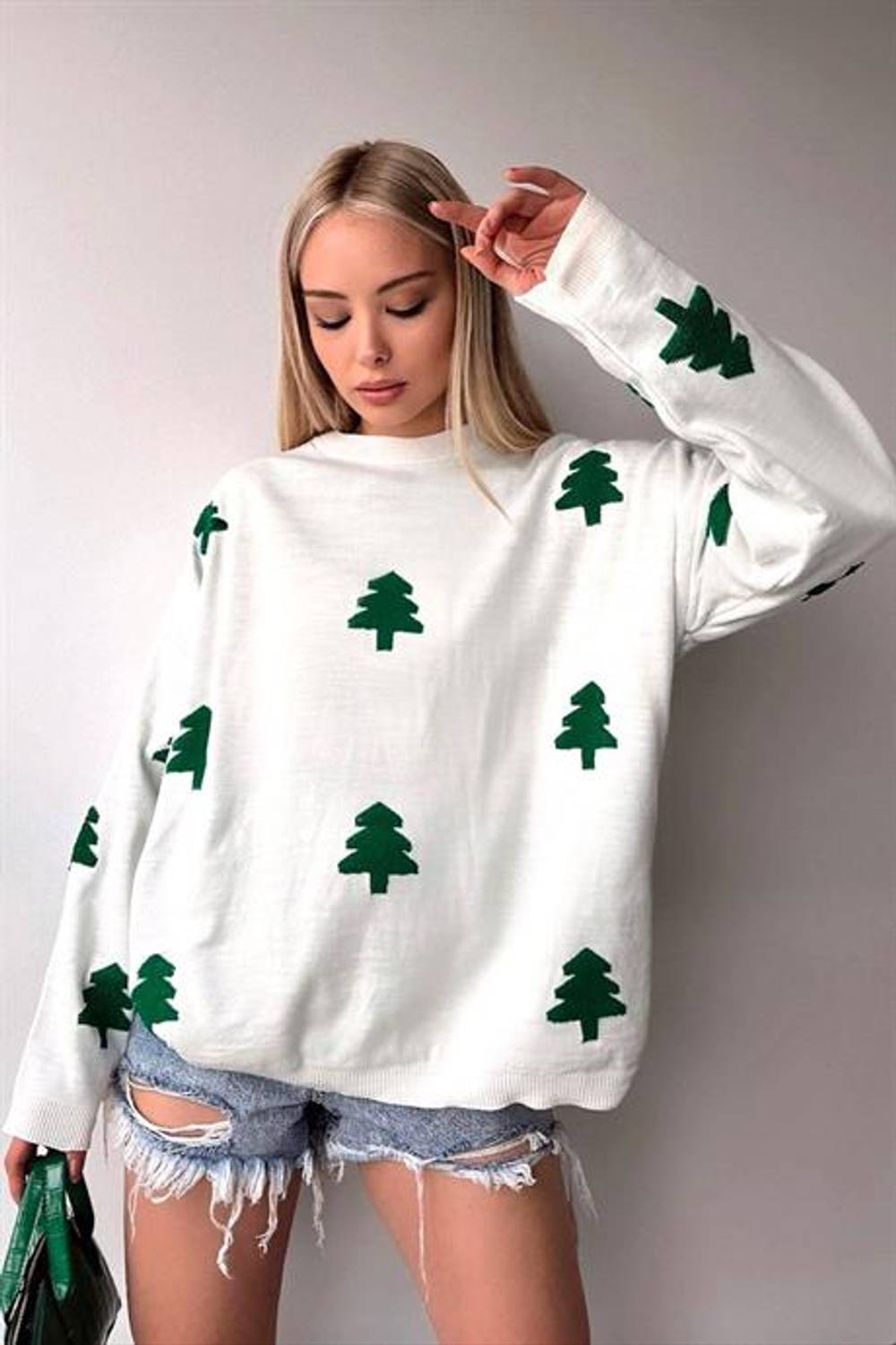 Білий світшот з круглим вирізом, новорічна тематика, рельєфна фігура ялини, стандартний розмір