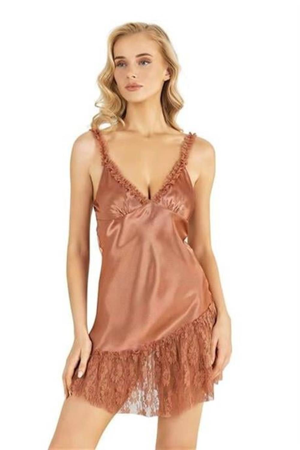 Markano  Bakır Kısa Saten Gecelik 