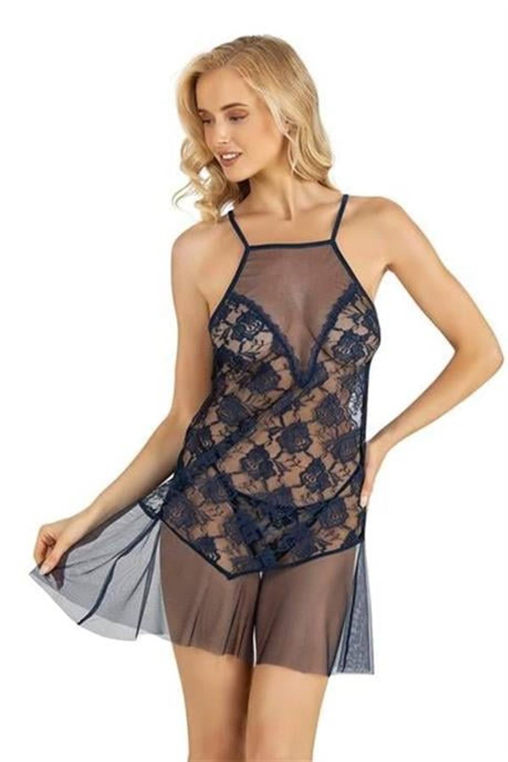 Короткий тюлевый ночной халат Markano в цвете темно-синий, 100% полиэстер, не токсичен, подходит для стирки в машинах, содержит 2 части