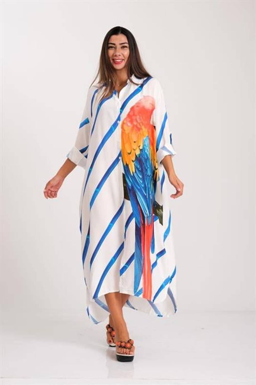 Markano Mavi Çizgili Papağan Desenli Kolları Apoletli Cepli Uzun Gömlek Elbise