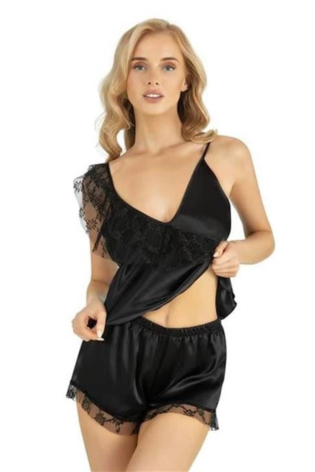 Markano  Siyah Saten Şort Takımı 