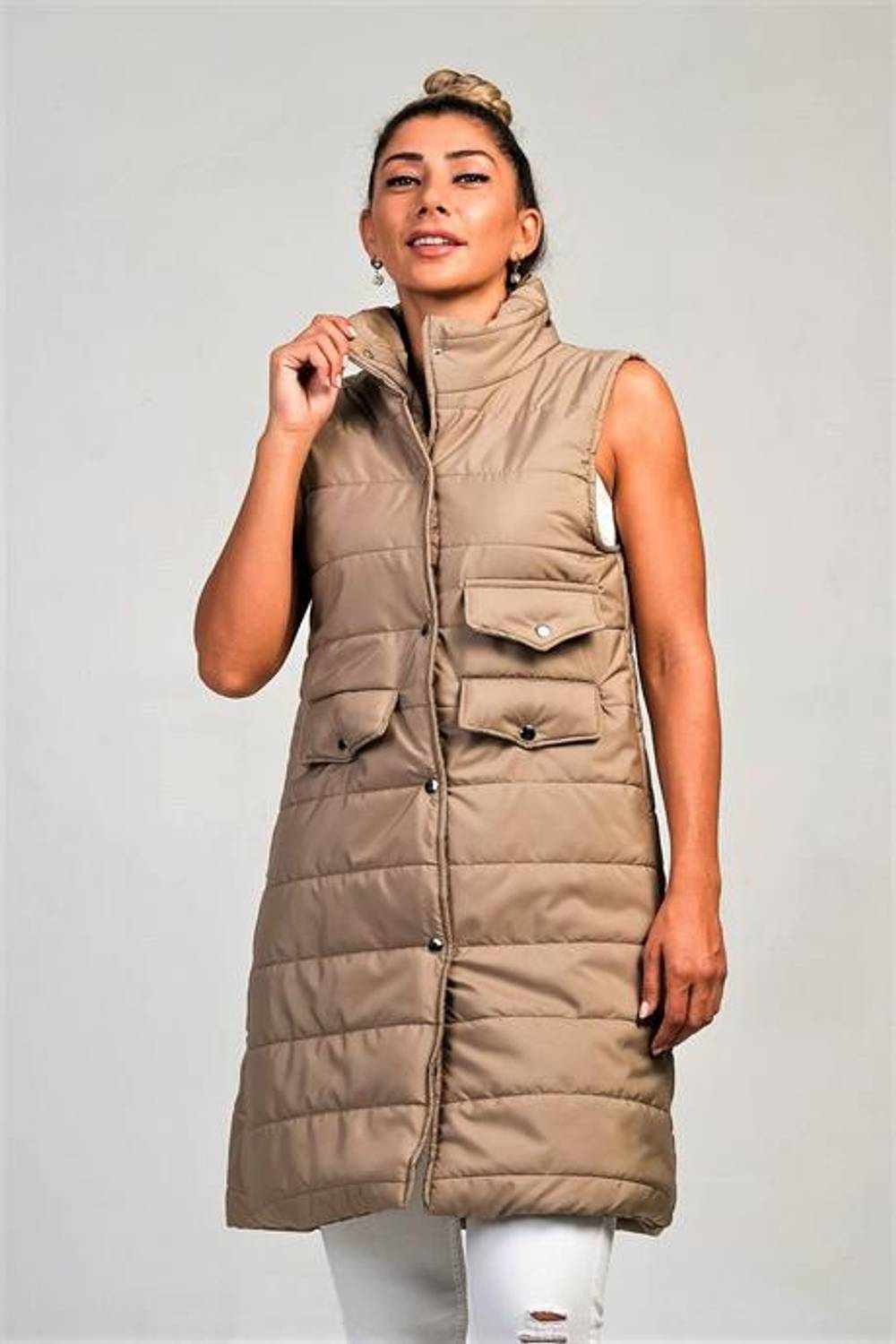 Markano Bej Dik Yaka Cep Detaylı Uzun Şişme Yelek