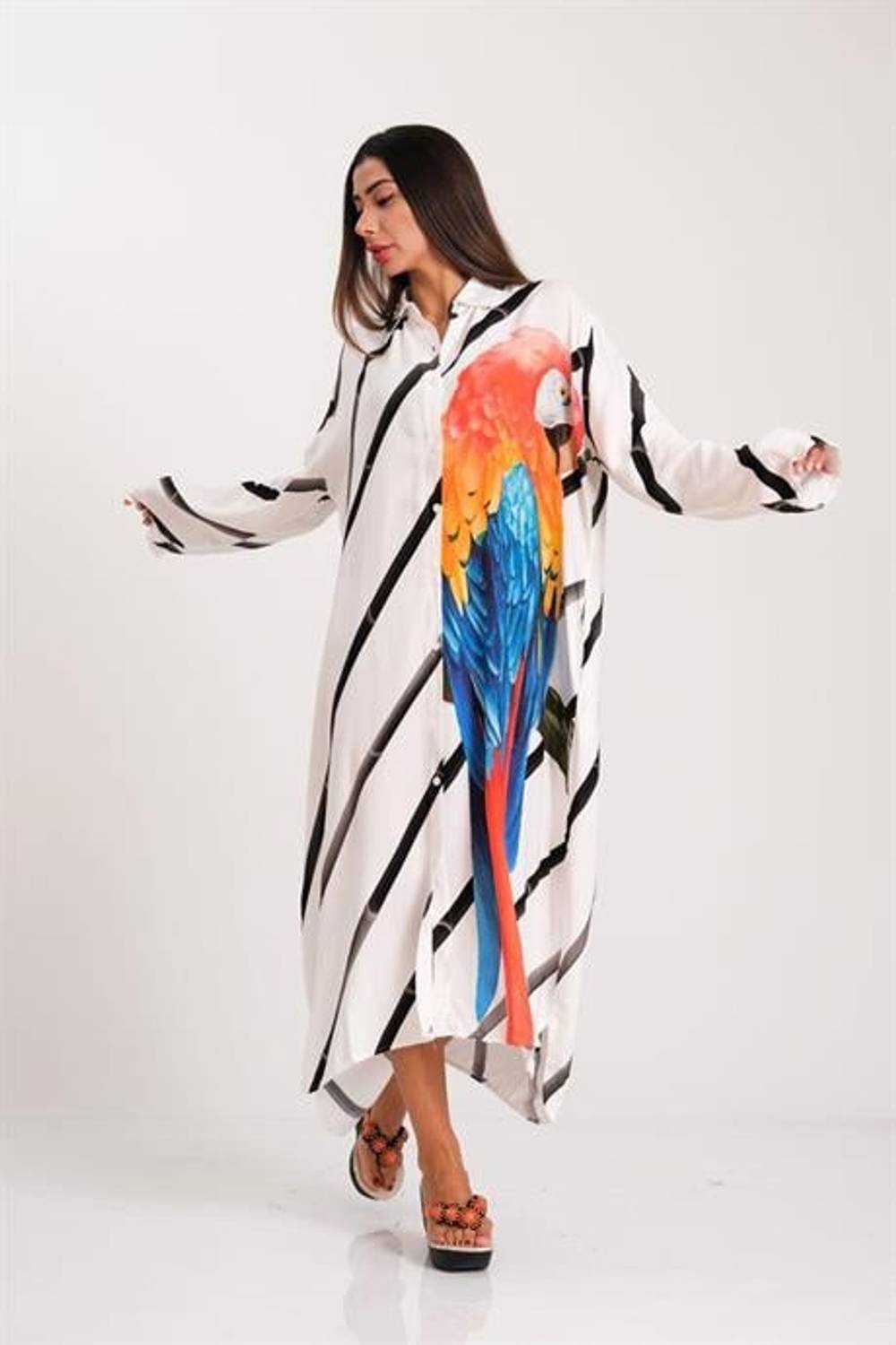 Markano Siyah Çizgili Papağan Desenli Kolları Apoletli Cepli Uzun Gömlek Elbise