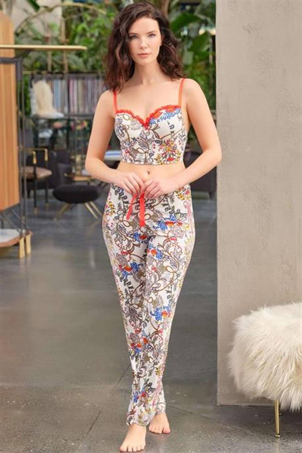 Markano Kadın Viskon Balenli Destekli Dolgulu Çiçek Baskılı Büstiyer ve Pantolon Pijama Takım (4159)