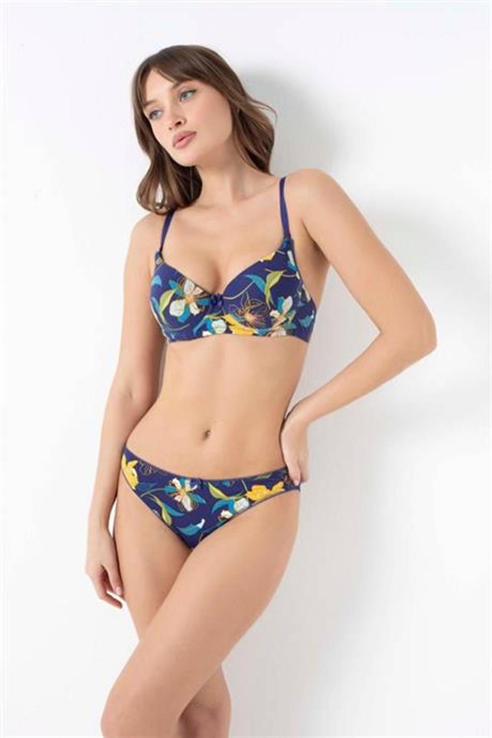 Жіночий бюстгальтер з візкози з баленами та підтримкою, комплект з квітковим принтом і сліпом, темно-синій, розміри 75B, 80B, 85B, 90B