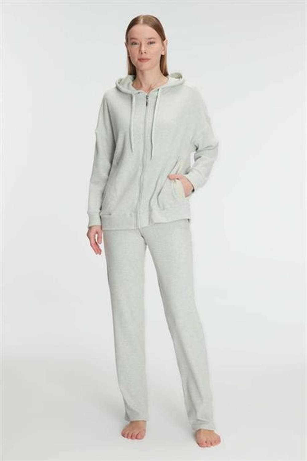 Markano   Pamuklu Homesuit Kapüşonlu Fermuarlı Ev Giyim Pijama Takımı