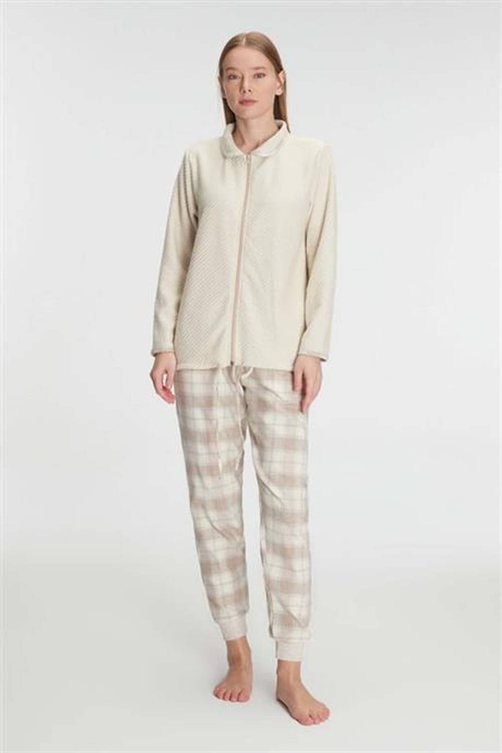 Markano  Fermuarlı Uzun Kol Sweatshirt Pantolon Takım Viskon ve Pamuklu Pijama Takımı