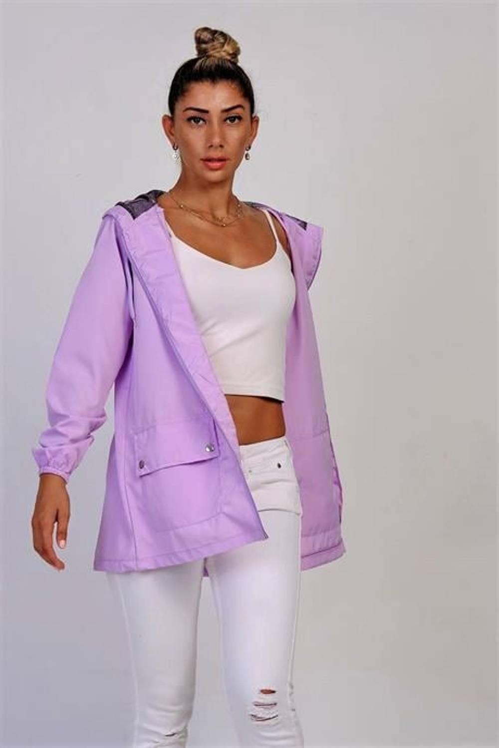 Markano Lila Yıldız Kapüşonlu Cepli İnce Yağmurluk