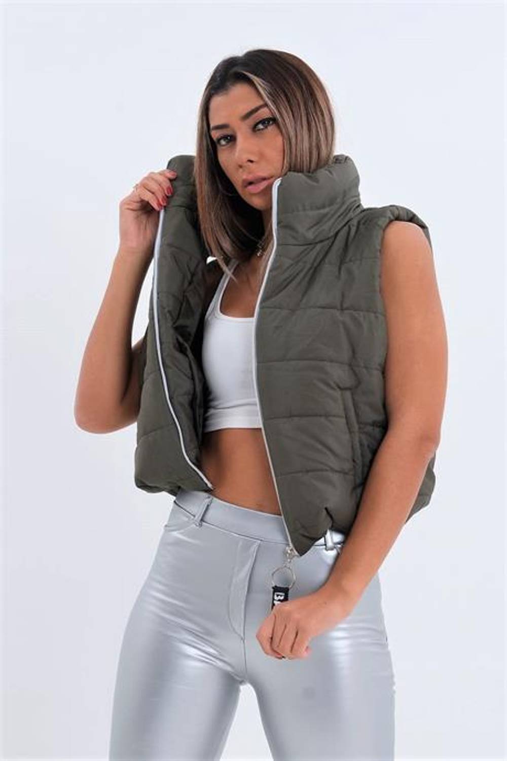 Markano Haki Dik Yaka Beli Lastikli Cepli Kısa Şişme Yelek