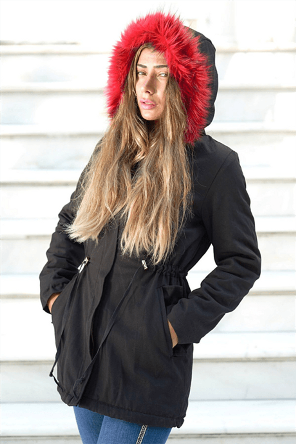 Markano Siyah İçi Kürklü Kırmızı Kürk Kapüşonlu Mont