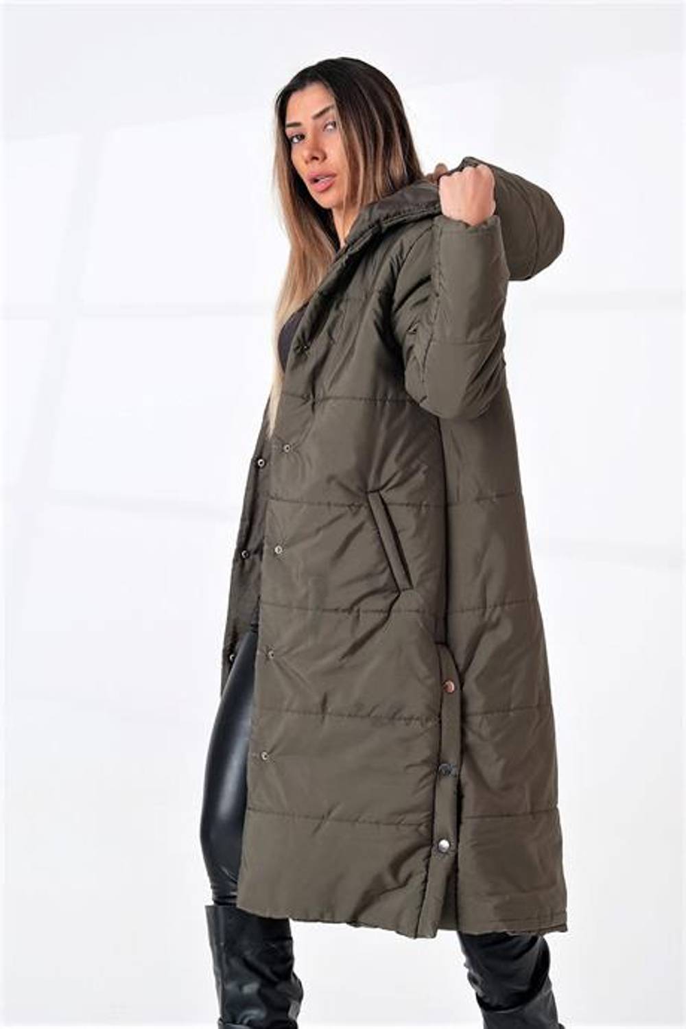 Markano Haki Kapüşonlu Uzun Şişme Mont