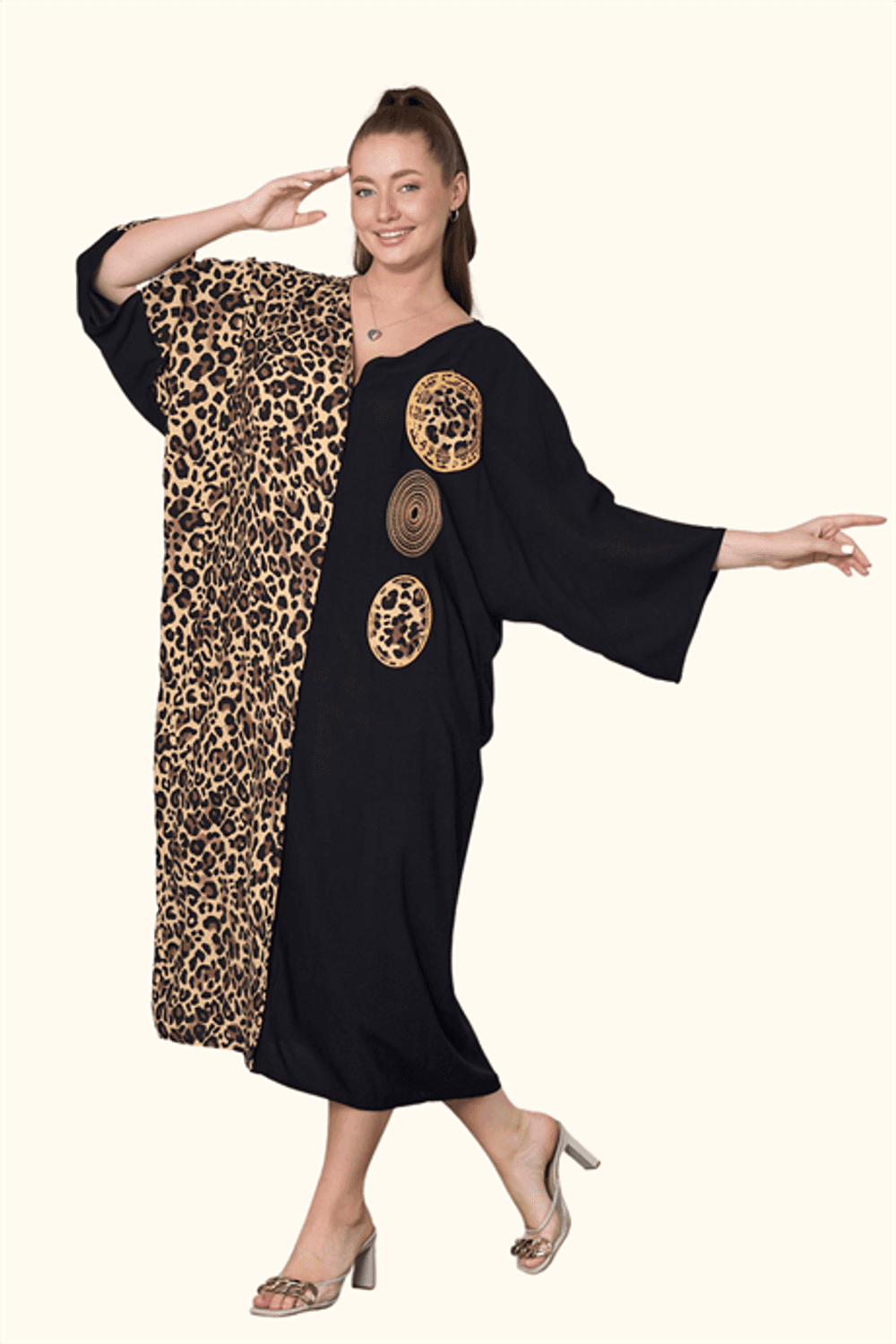 Markano Siyah Leopar Desen Renk Bloklu Etnik Aplike Nakışlı Cepli Oversize Uzun Elbise