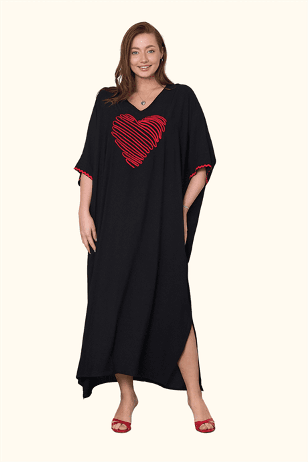 Markano Siyah V Yaka Kalp Nakışlı Cepli Oversize Uzun Elbise