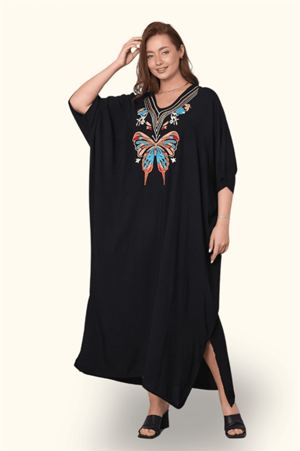 Markano Siyah V Yaka Kelebek Nakışlı Cepli Oversize Uzun Elbise