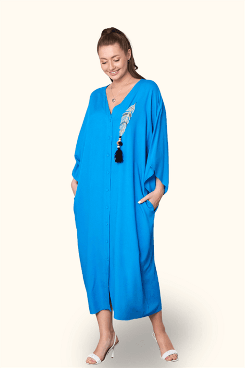 Markano Mavi V Yaka Tüy Nakışlı Boncuklu Cepli Oversize Uzun Elbise