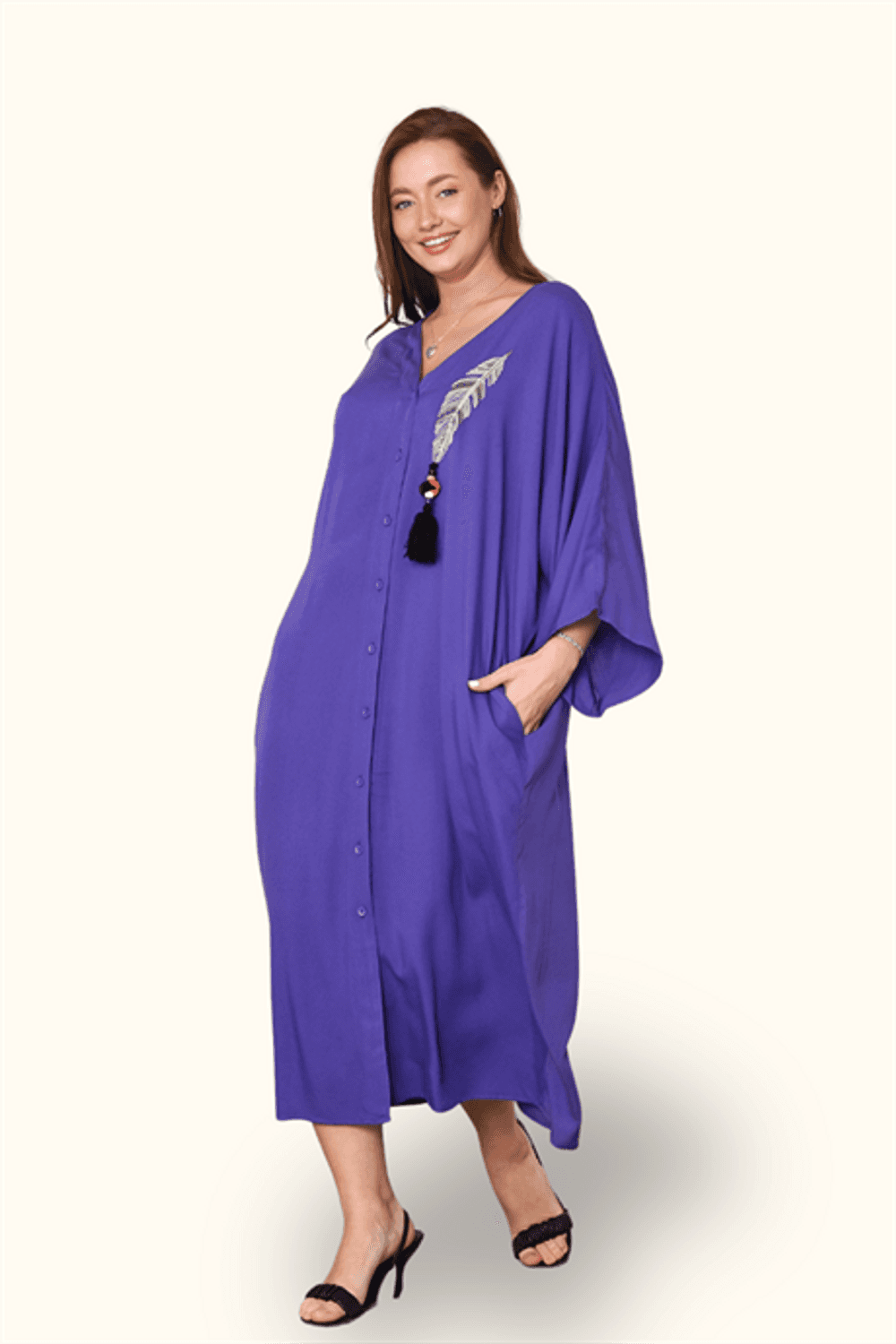 Markano Mor V Yaka Tüy Nakışlı Boncuklu Cepli Oversize Uzun Elbise