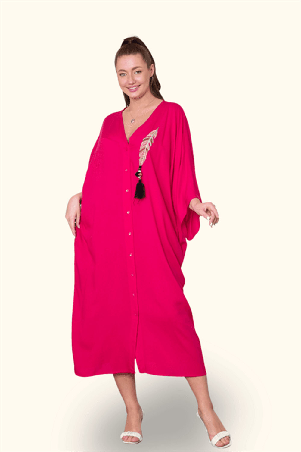 Markano Fuşya V Yaka Tüy Nakışlı Boncuklu Cepli Oversize Uzun Elbise