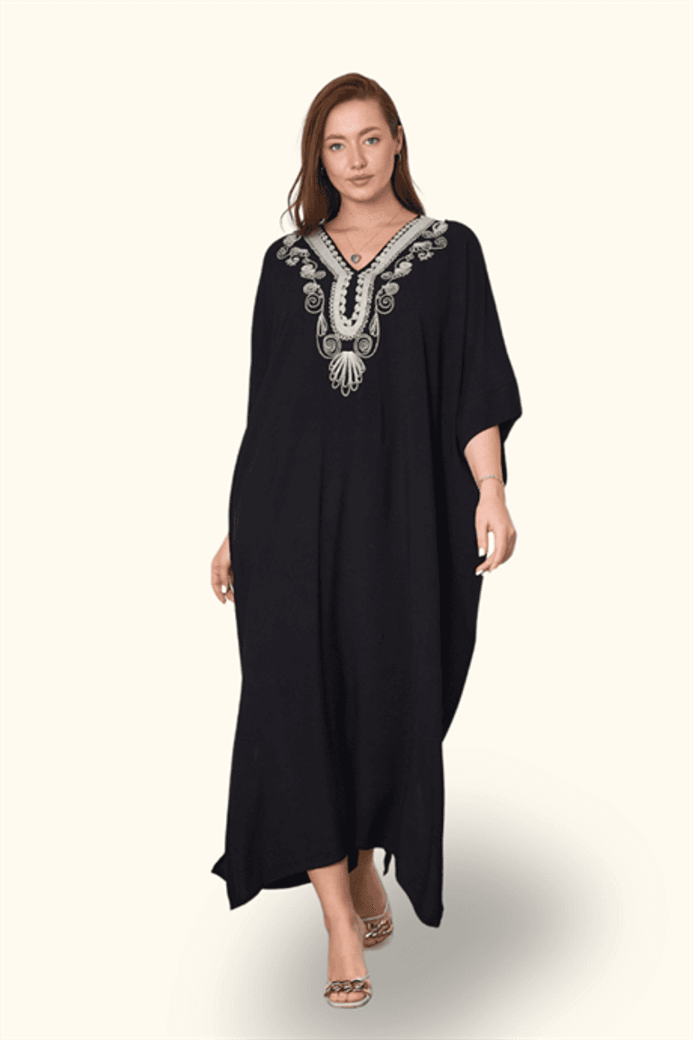 Markano Siyah V Yaka Nakışlı Cepli Oversize Uzun Elbise