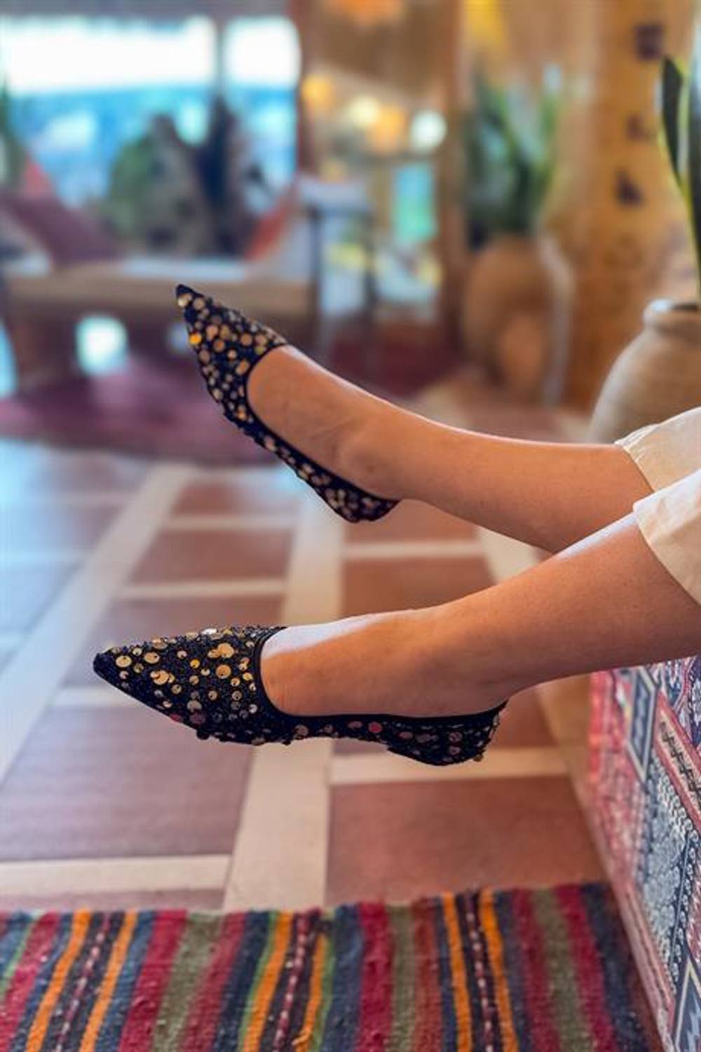 Markano Pline Siyah Gold Boncuk Detaylı Kadın Babet